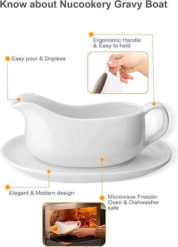 Miniatura 3 de Nucookery - Salsera grande de 14 onzas con asa ergonómica - Salsera blanca de porcelana fina con pico antigoteo para gravy, salsa caliente, aliño de