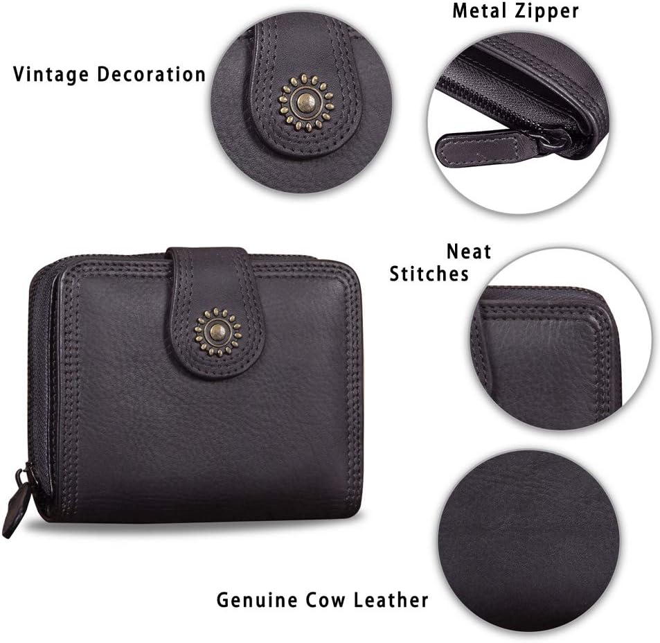 IVTG Bifold Leather Wallets for Women Vintage Handmade Small Clutch Short Purse with Zip Card Holder Organizer