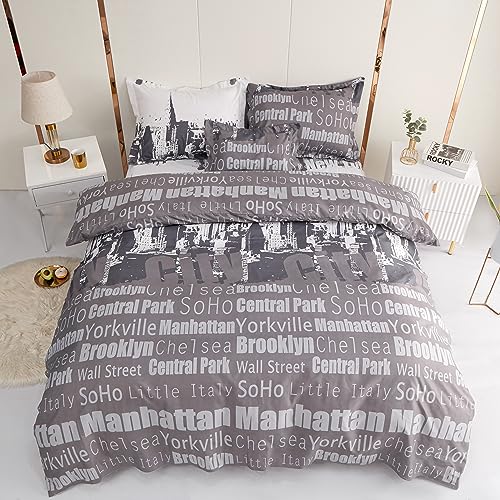 KUMY Juego de Funda Nórdica 5 Piezas: Funda nórdica,2 Fundas de Almohada, Funda de Cojín y Sábana Bajera- Estilo y Comodidad Total (Cama 150x190/200 + 240x220 + 2*(50x70) + 30x50, Ciudad)