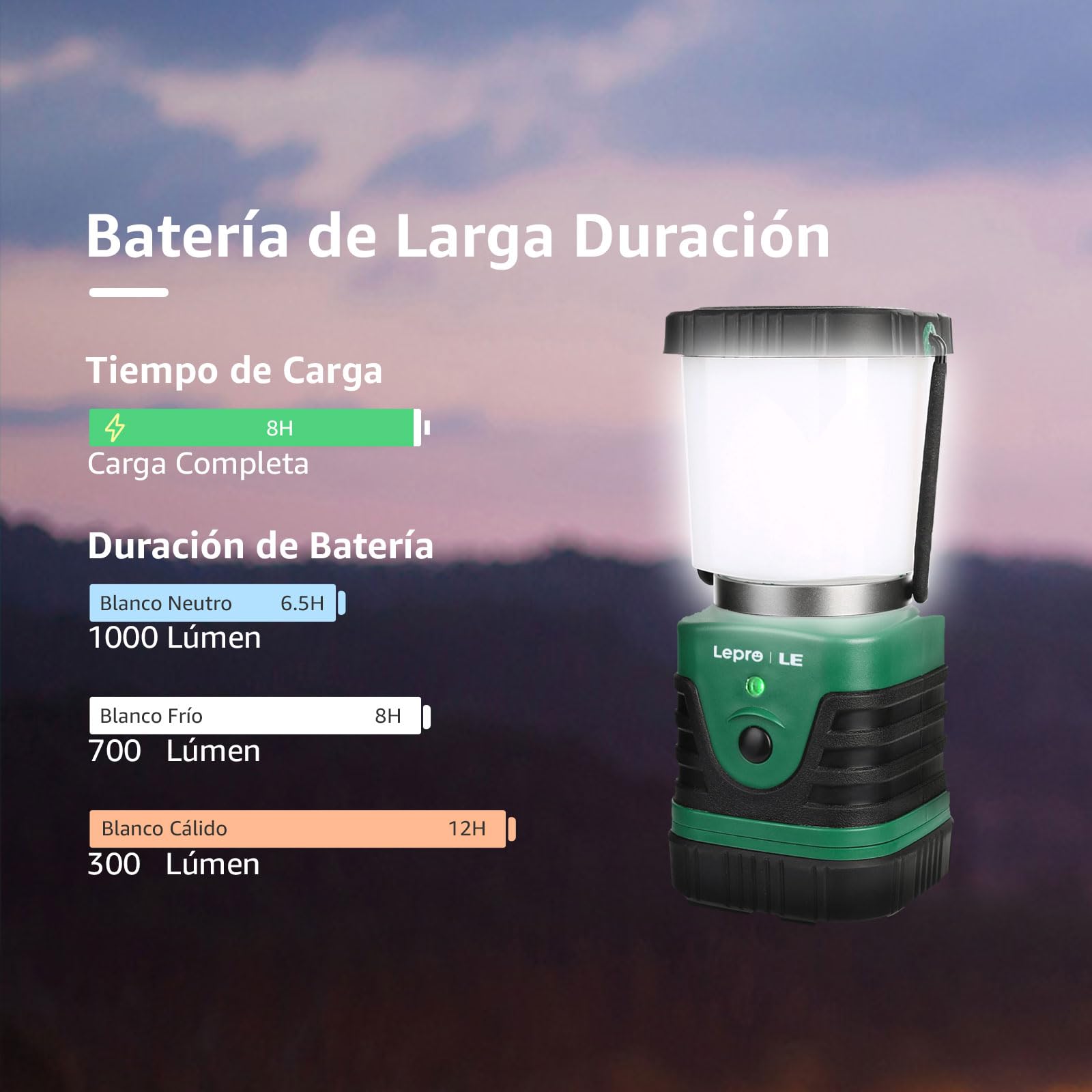 Lepro Linterna de Cámping LED Recargable USB, Farol Portátil 1000 LM de Alta Luminosidad con 4 Modos y Batería de Hasta 12h, Lámpara Impermeable IPX4 para Emergencias, Senderismo y Pesca