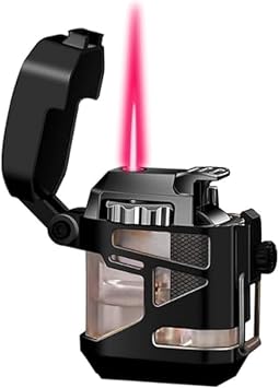 Windproof Butane Lighter, Zinc Alloy Body, Transparent Fuel Tank, Suitable for Barbecue, Camping, Mens GiftBlack