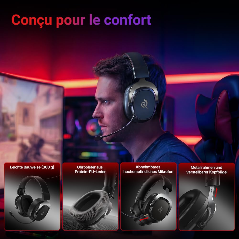 QCY Heroad VT200 Casque Gaming sans Fil,Casque sans Fil Gamer 2,4 GHz avec Microphone,Son Surround 7.1,Bluetooth 6.0,Ultra Léger,Autonomie 130h,Faible Latence,Compatible avec PS5/PS4/Switch