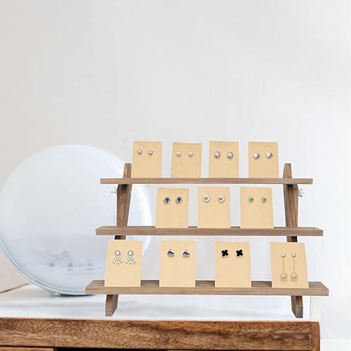 Miniatura 5 de Soporte de exhibición de aretes de madera de 3 niveles, soporte de exhibición de tarjetas de joyería al por menor con ranura + 50 tarjetas de