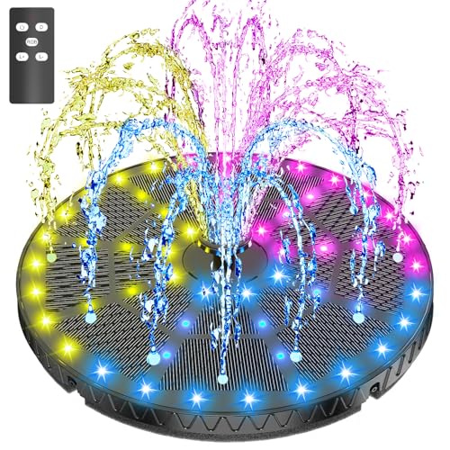 SZMP Solar Springbrunnen mit Fernbedienung Upgrade 6W, 54 LED-Lichtern Solarbrunnen Teichpumpe Solar mit 8 Effekte, 4000mAh Akku, Solar Schwimmender Fontäne Pumpe für Garten, Teich, Vogel-Bad