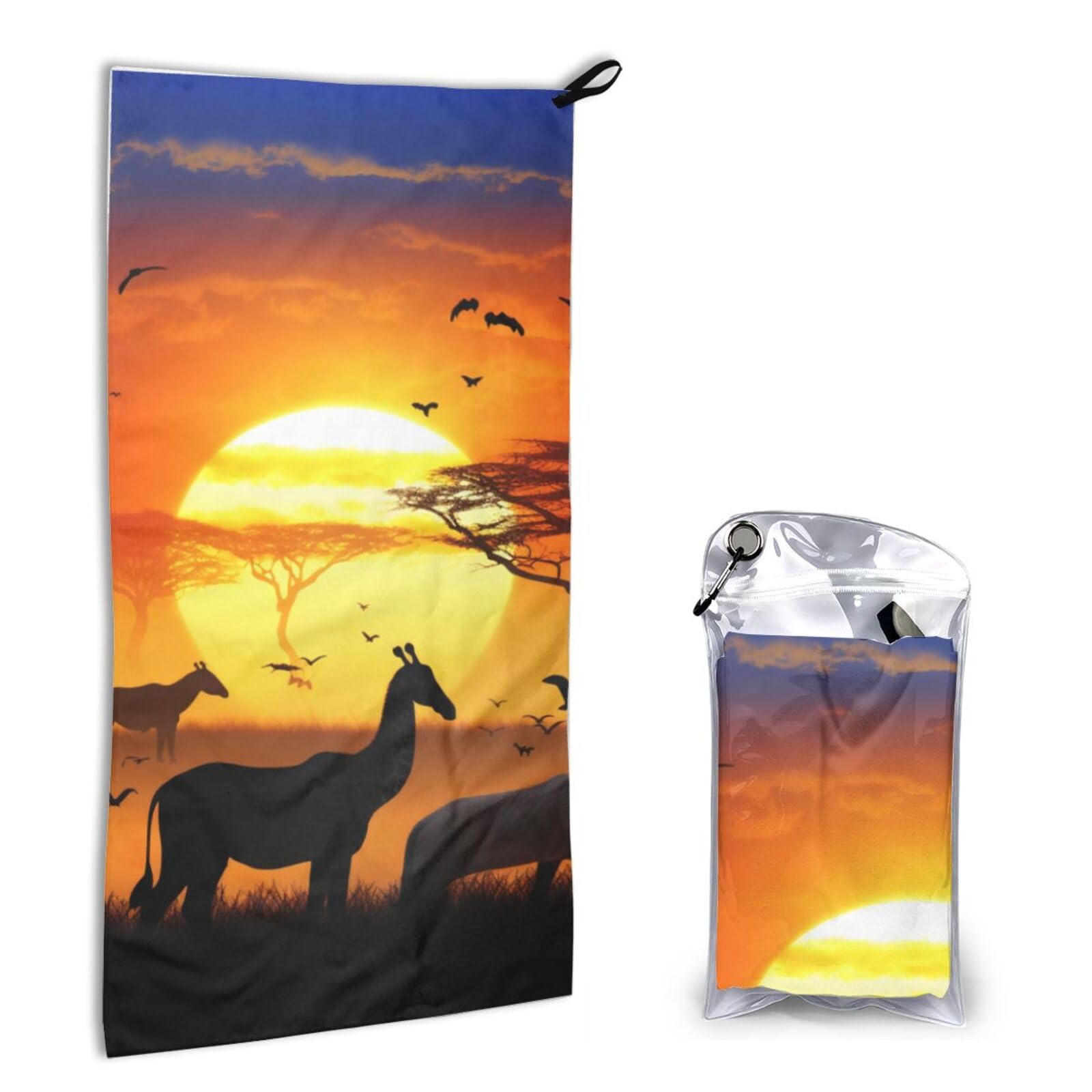 BWWHCCTI Quick Dry Hand Towel With Bag - Sunset animals Printed Super Absorbent Face Cloth Microfiber Travel Sports Towels 40x80cm