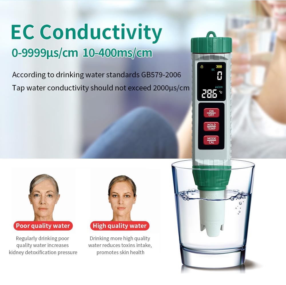 Medidor de pH y probador de sal de piscina, digital 5 en 1, medidor de salinidad pH EC Temp TDS para calidad del agua, probador de agua impermeable para piscina, acuario, hidroponía, jacuzzi