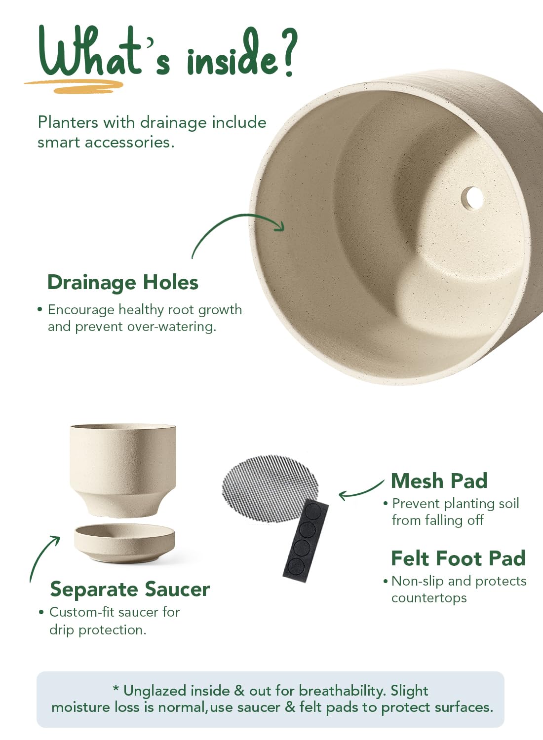 LE TAUCI Maceta de Cerámica Grande 30 cm con Plato - Macetero Grande para Exterior E Interior, con Agujero de Drenaje, Rejilla y Tapón, No Esmaltada y Transpirable - Beige Arena