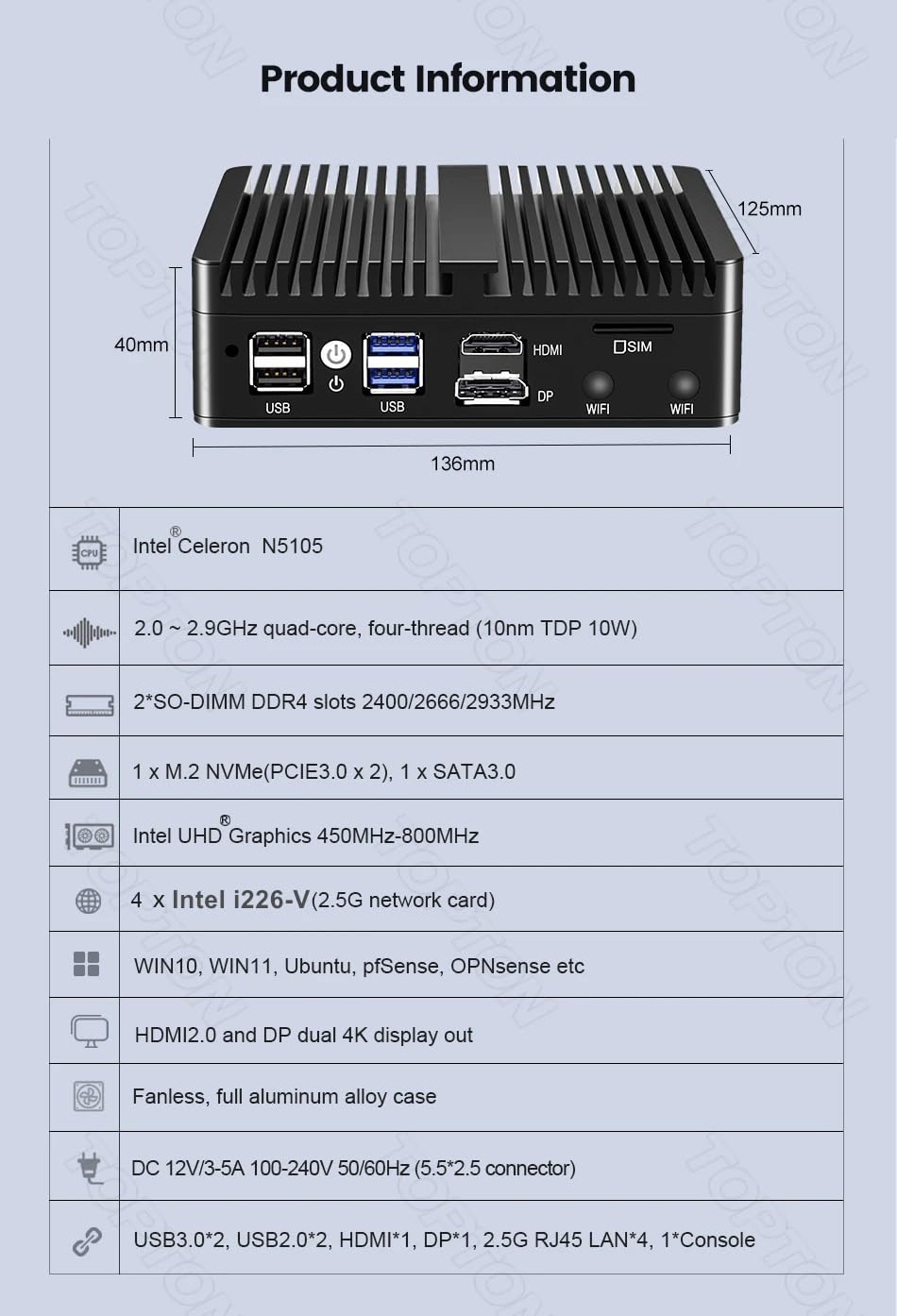 12th Gen Firewall Mini PC, N150, 4x i226-V 2.5G LAN, Fanless Barebone
