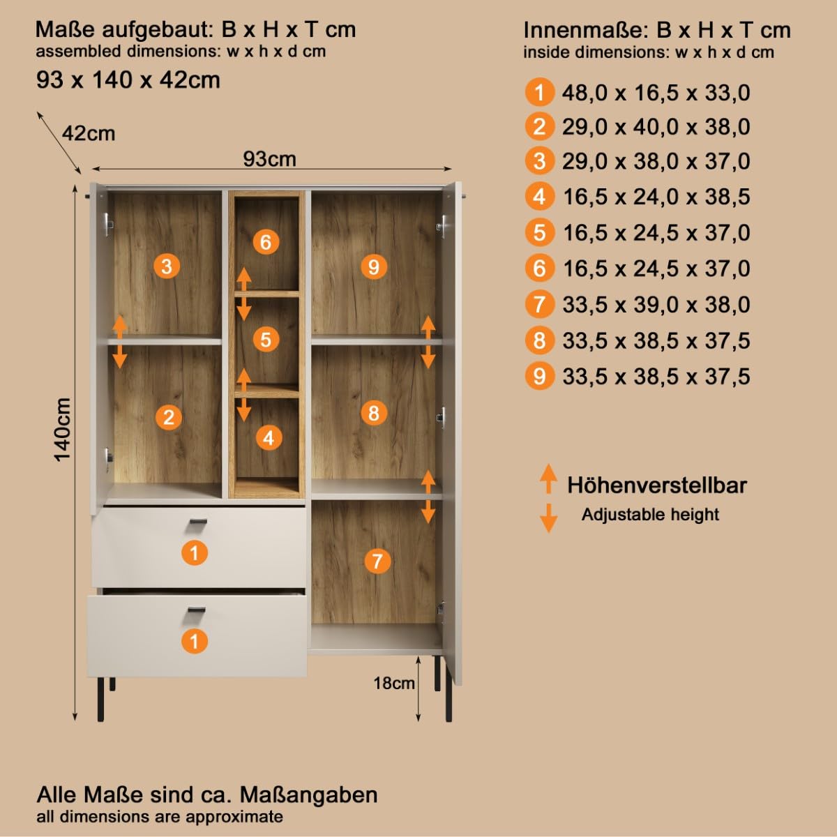 trendteam smart living Sao Paulo Highboard Kashmir (Beige)/Evoke Eiche Sideboard mit Soft-Close Funktion 93 x 140 x 42 cm Metallgriffe und -Füße Wohnzimmerschrank
