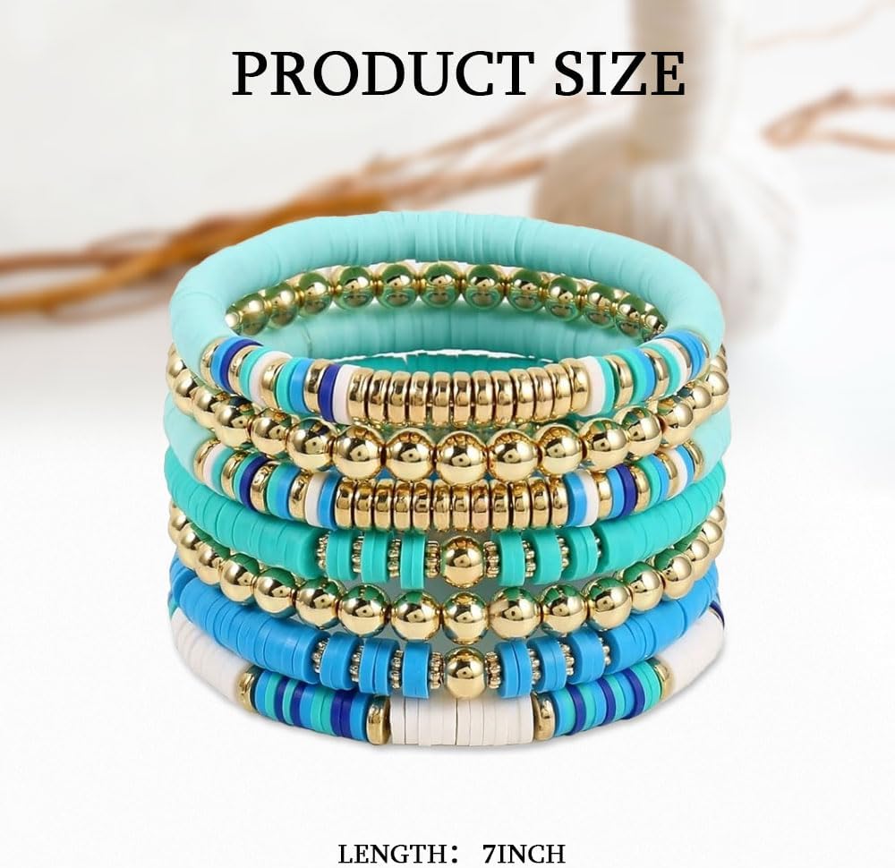 Surfer Heishi Clay Bead Bracelets Set for Women, Boho Stackable Gold Beaded Stretch Bracelets, Elastic Layering Friendship Jewelry - Image 2