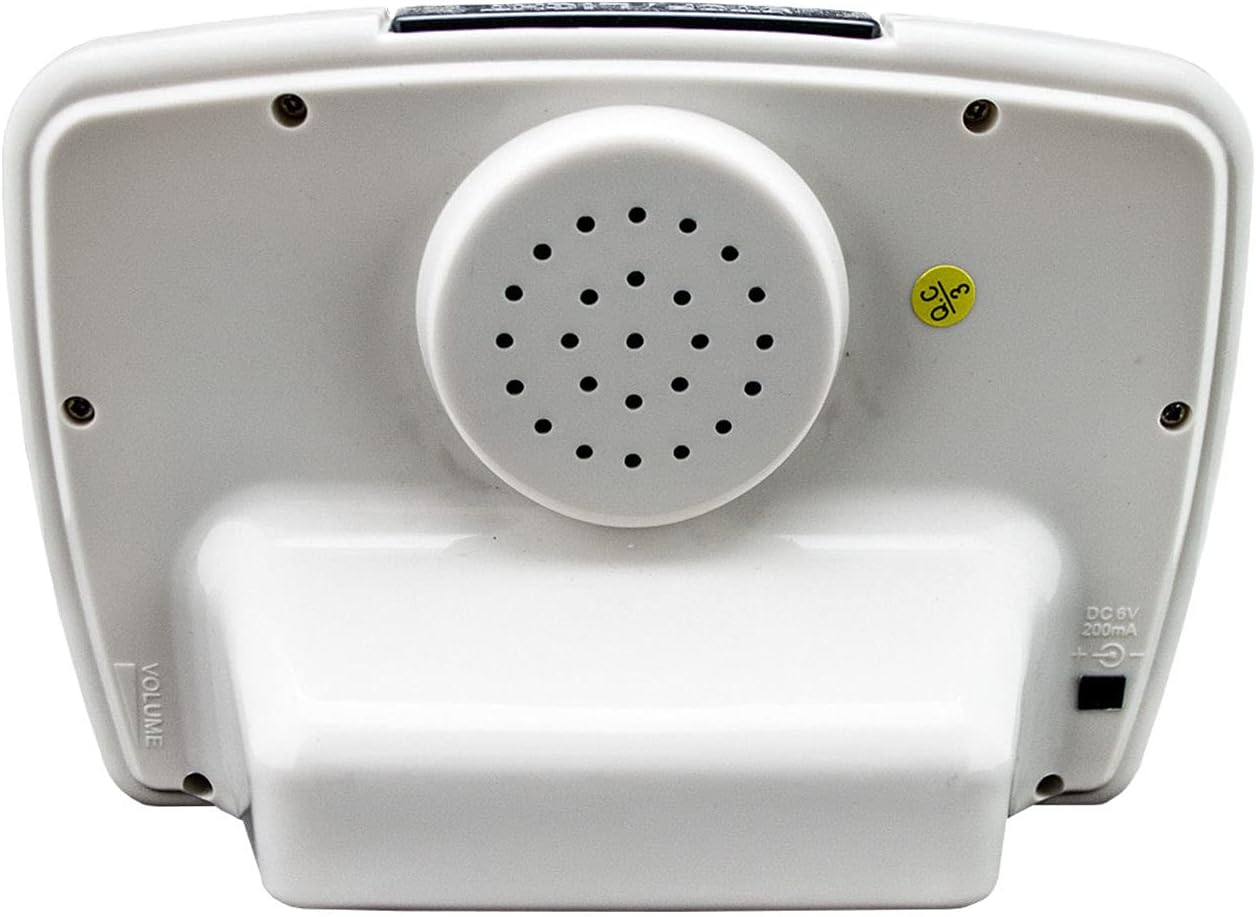 Rear view of the Mirac Automatic Azan Clock, showing the speaker, volume control, and power input.