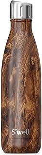 S'well Botella de agua de acero inoxidable con tapa deportiva, 17 onzas, madera de teca, recipientes aislados al vacío de triple capa que mantiene las bebidas frías durante 36 horas y calientes durante 10, sin BPA, perfecta para llevar