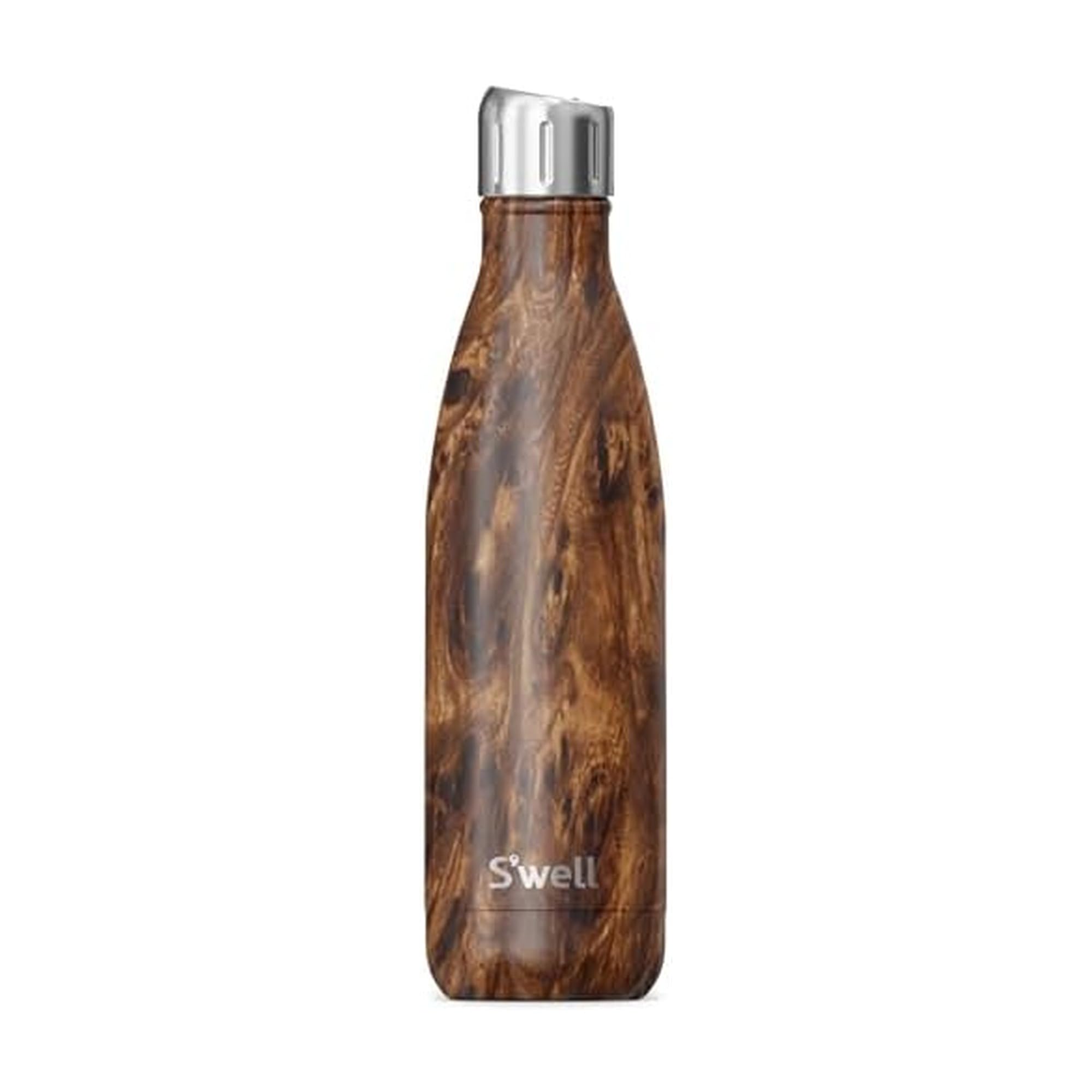 S'well Botella de agua de acero inoxidable con tapa deportiva de 17 onzas líquidas, de madera de teca, triple capa, aisladas al vacío, mantiene las bebidas frías durante 36 horas y calientes durante