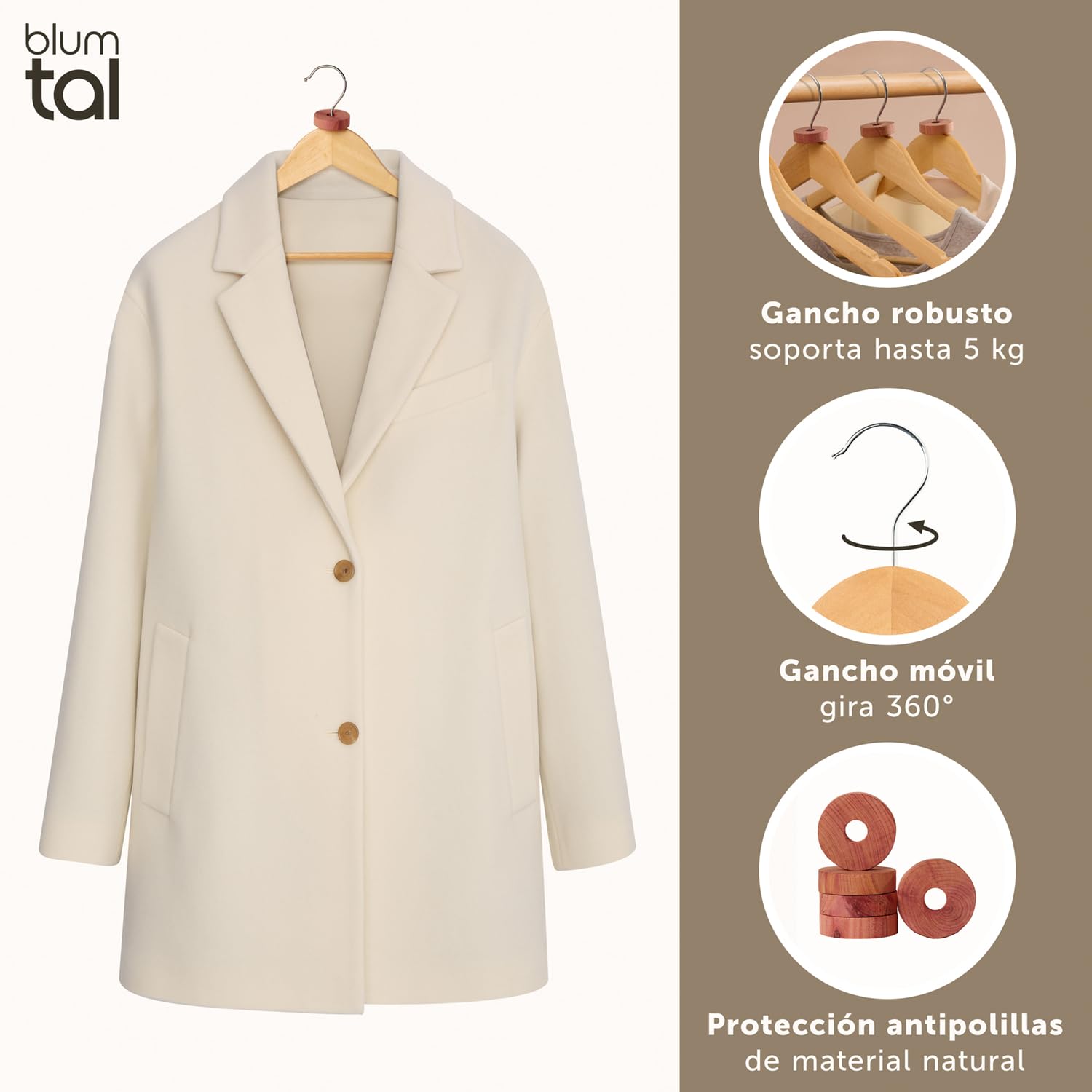 Blumtal Perchas de Madera 50 Unidades – Gancho Giratorio 360°, Barra para Pantalones y Ranuras Antideslizantes – Madera Maciza – Natural