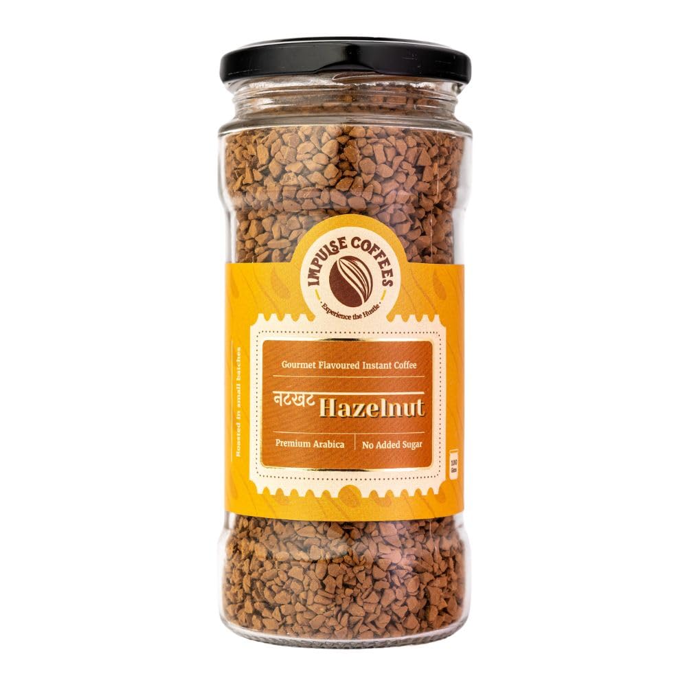 Impulse CoffeesImpulse Coffees Nutkhat Hazelnut Instant Coffee Powder | Instant Coffee Delight | Smooth Medium Roast Coffee Powder In Fresh | Flvaoured Coffee | Arabica Coffee | Great for Home or Office | 100Gms