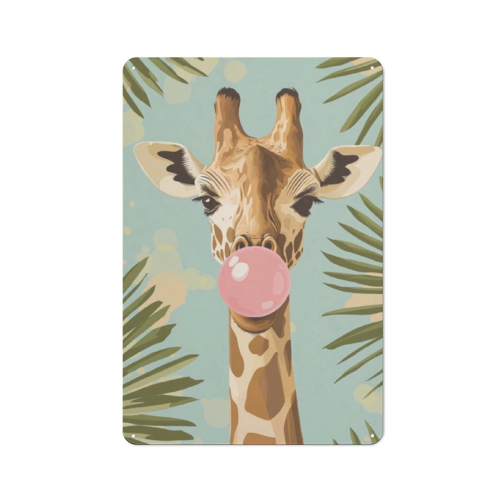 Junmoney Giraffe Blowing Bubble Gum For Café Or Restaurant, Vintage Tin Wall Plaque 30X20cm, New Home Wall Decor For Café Owners And Decorators