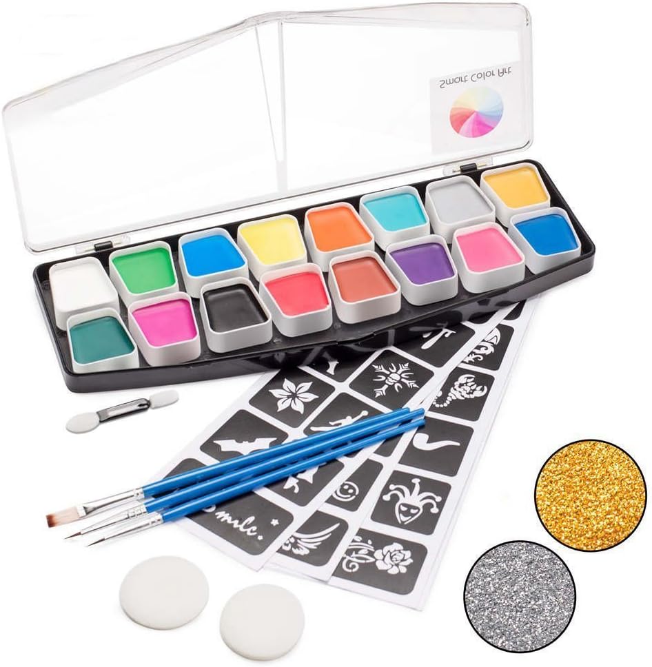 Face Paint Kit,16 Colors Set with 2 Glitters 40 Stencils 2 Sponges 3 Brushes by Smart Color Art, Non-Toxic Professional Face Body Paint Easy to Apply & Remove,Perfect for Kids Adults Face Painting