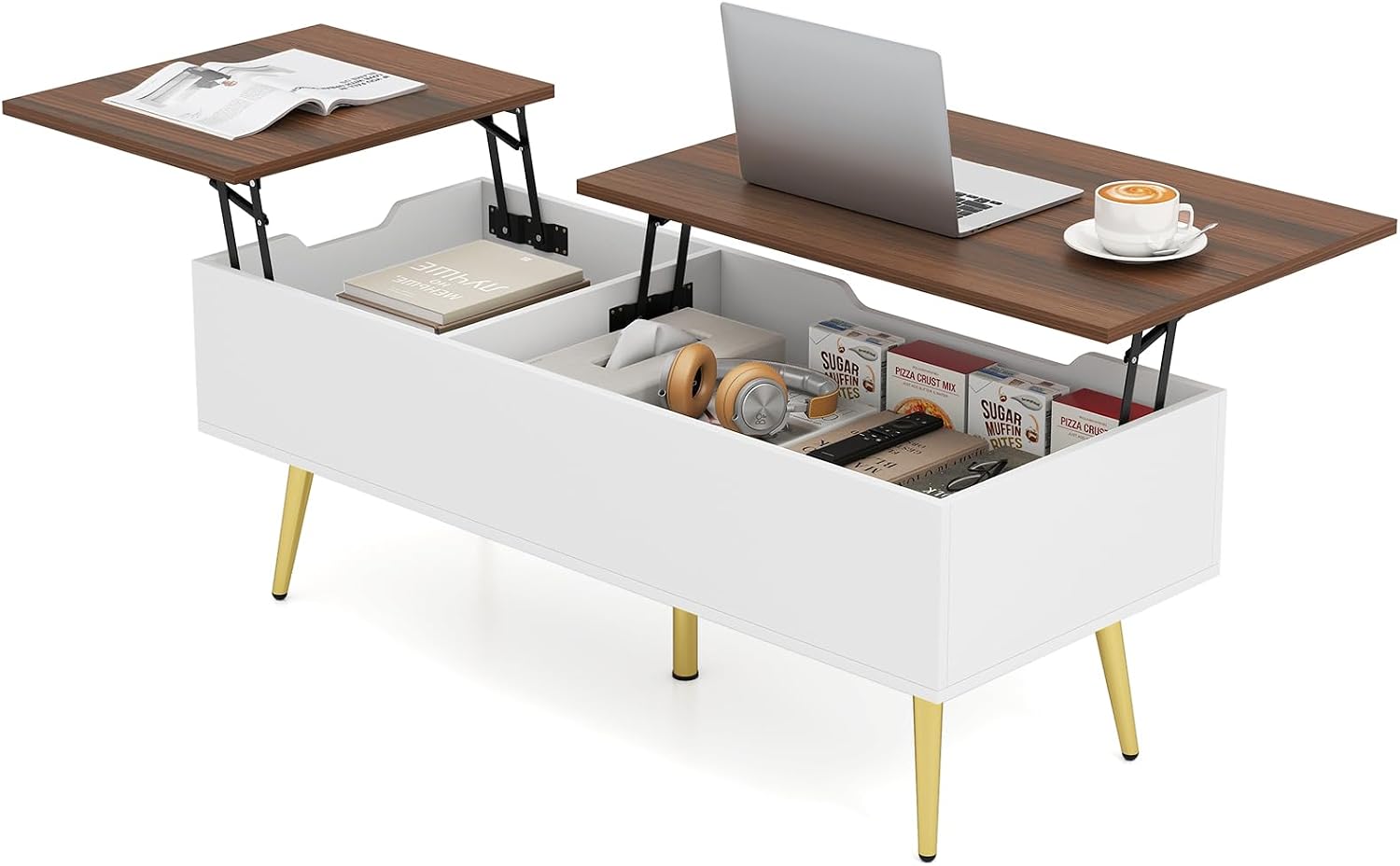 SlickBlue lift top coffee table with both tops raised, showing hidden storage.