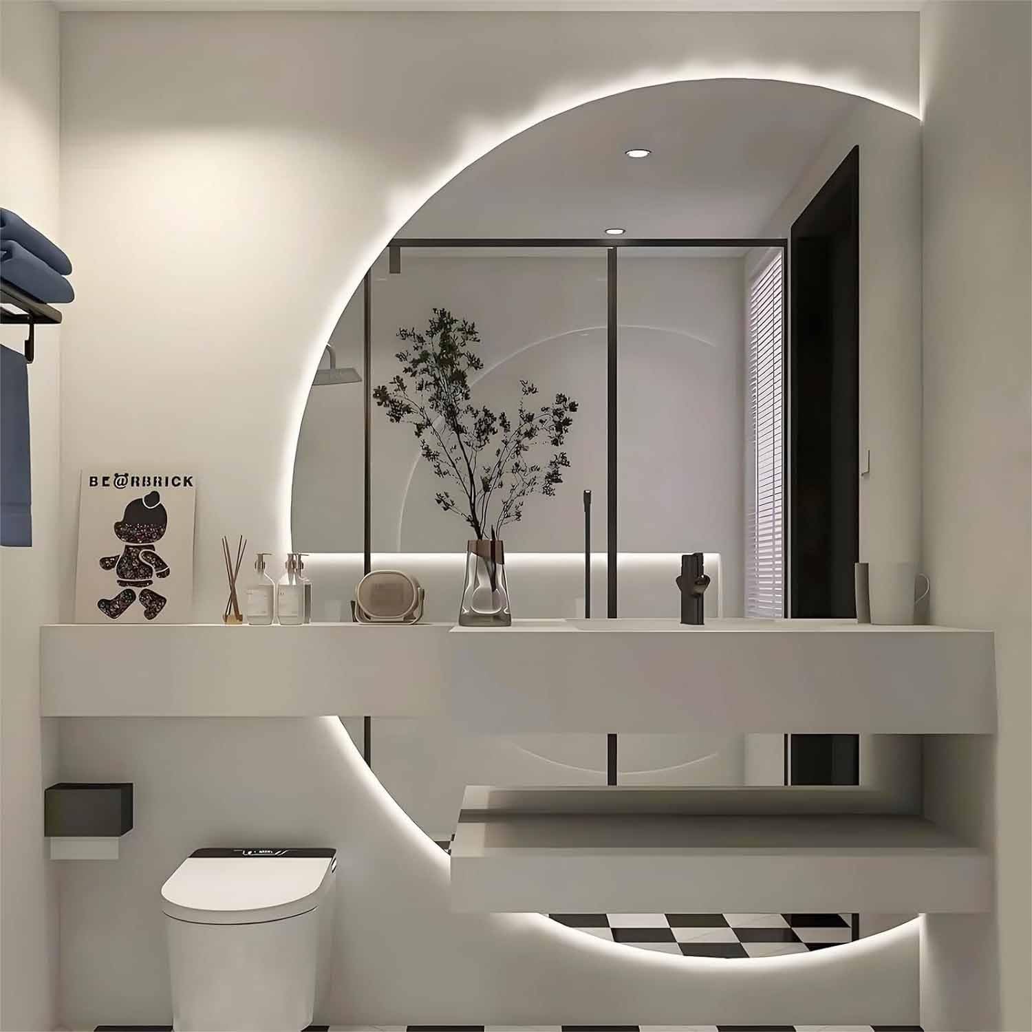 Specchio Cosmetico LED a 3 Colori, Specchio da Bagno da Parete Antiappannamento, Dimmerabile Retroilluminato Specchio Decorativo a Mezza Luna(Rightcut,35in)