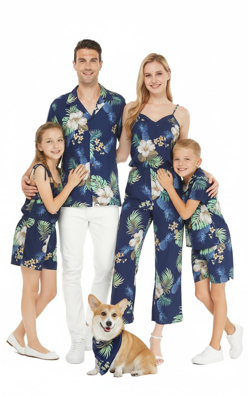 Matchable Family Hawaiian Luau Men Women Girl Boy Clothes in Pineapple Garden Navy