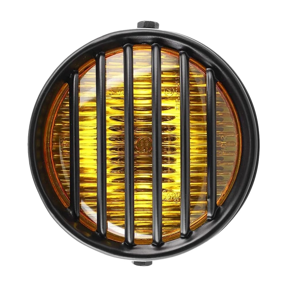 MACHSWON Reflektor motocyklowy 14,5 cm, uniwersalny 35 W 12 V motocykl retro czarna obudowa czołówka przedni reflektor, halogenowa lampa czołowa, osłona na kratkę z uchwytem, bursztynowa soczewka