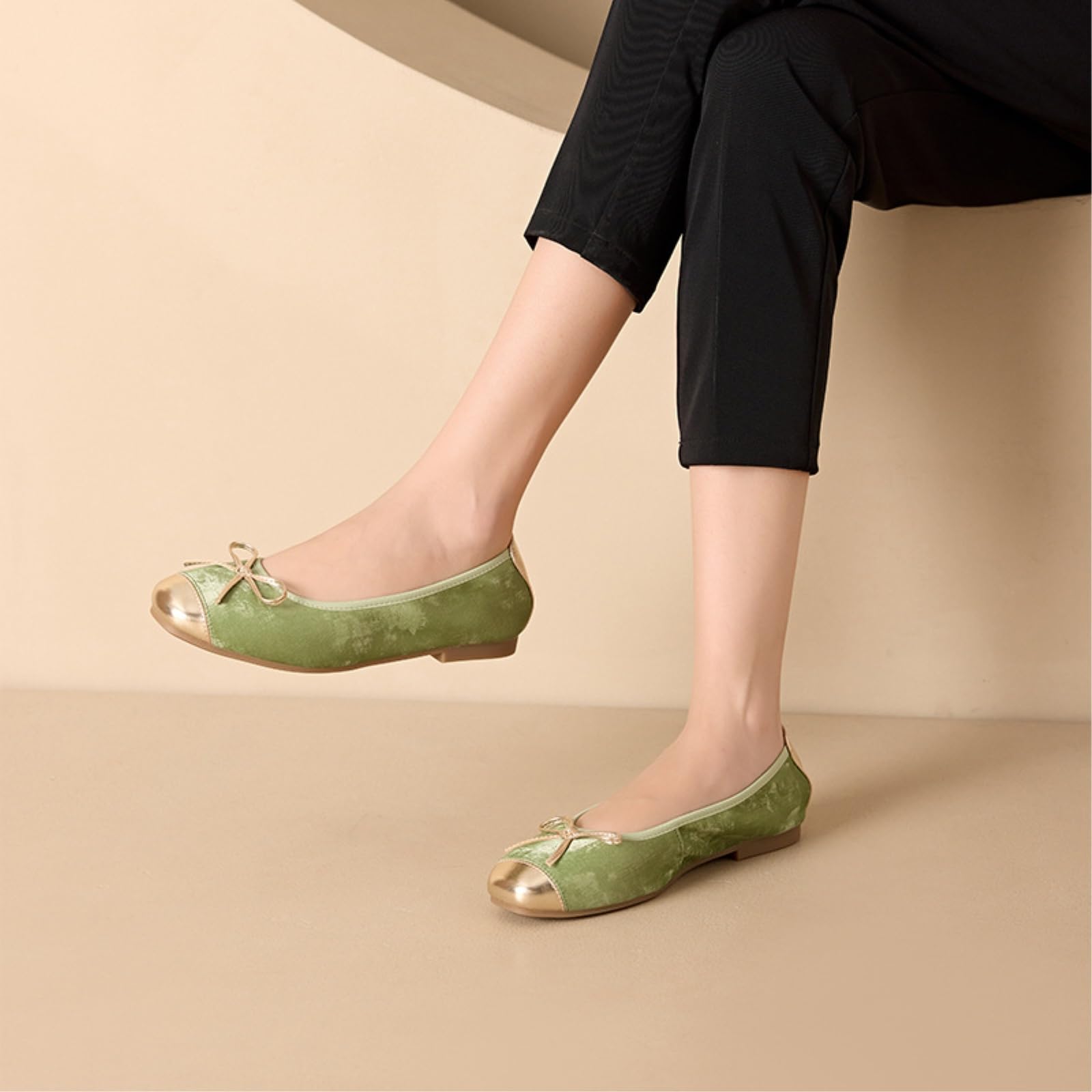 SMYDM - Ballerine da donna con fiocco, punta rotonda, in vera pelle di pecora, traspirante, resistente agli odori, senza lacci, comode, beige e champagne, Nero , 40 EU