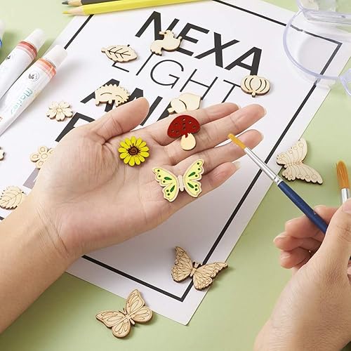 Miniatura 2 de Elecrelive - 300 piezas de recortes de madera sin acabar, hojas de flores, mariposas, pequeñas piezas de madera en blanco, adornos colgantes para