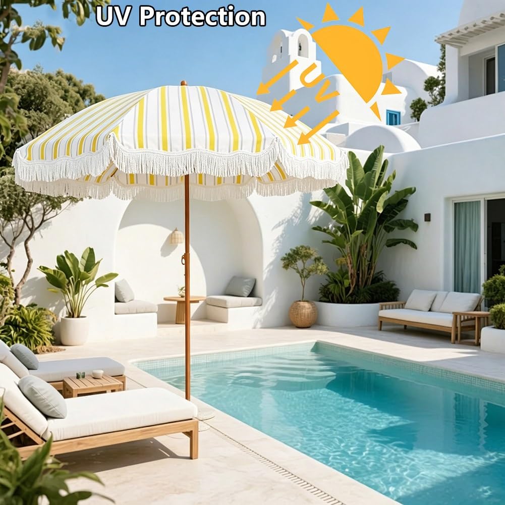 200 cm Parasol Ogrodowy z Frędzlami, Przenośny Parasol Plażowy w Paski Boho z Pochyleniem i Regulowanym Stalowym Słupkiem