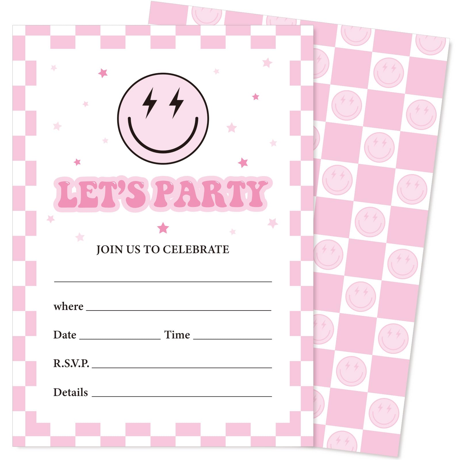 25 Set Smile Face Party Invitations with Envelopes Retro Light Pink Checkered Happy Face Paper Invites for Birthday Celebration Party Decor, 5 x 7 Inch