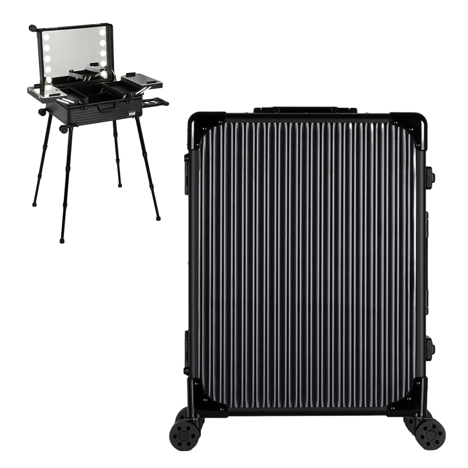 Kosmetyczka, aluminiowy organizer do makijażu z oświetleniem LED, profesjonalne zastosowanie studyjne, kółka i stojaki, olśniewające paski, czarne paski, 58X45X23cm