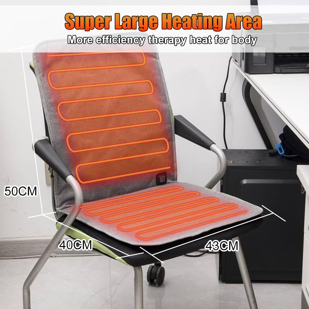 Cuscino riscaldato USB per sedia da ufficio, grande area riscaldata, cuscino riscaldato per terapia, cuscino riscaldante per schiena, lombare, coscia con 3 livelli di temperatura, 45.5x85.5 cm