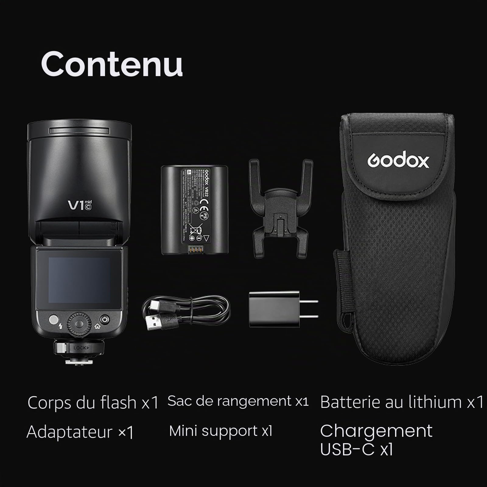 Godox V1 mid C V1midC TTL Flash pour Canon, mini flash à tête ronde avec écran tactile, temps de recyclage de 1,7 s, 650 éclairs à pleine puissance, lampe pilote LED de 2 W, synchronisation haute vite