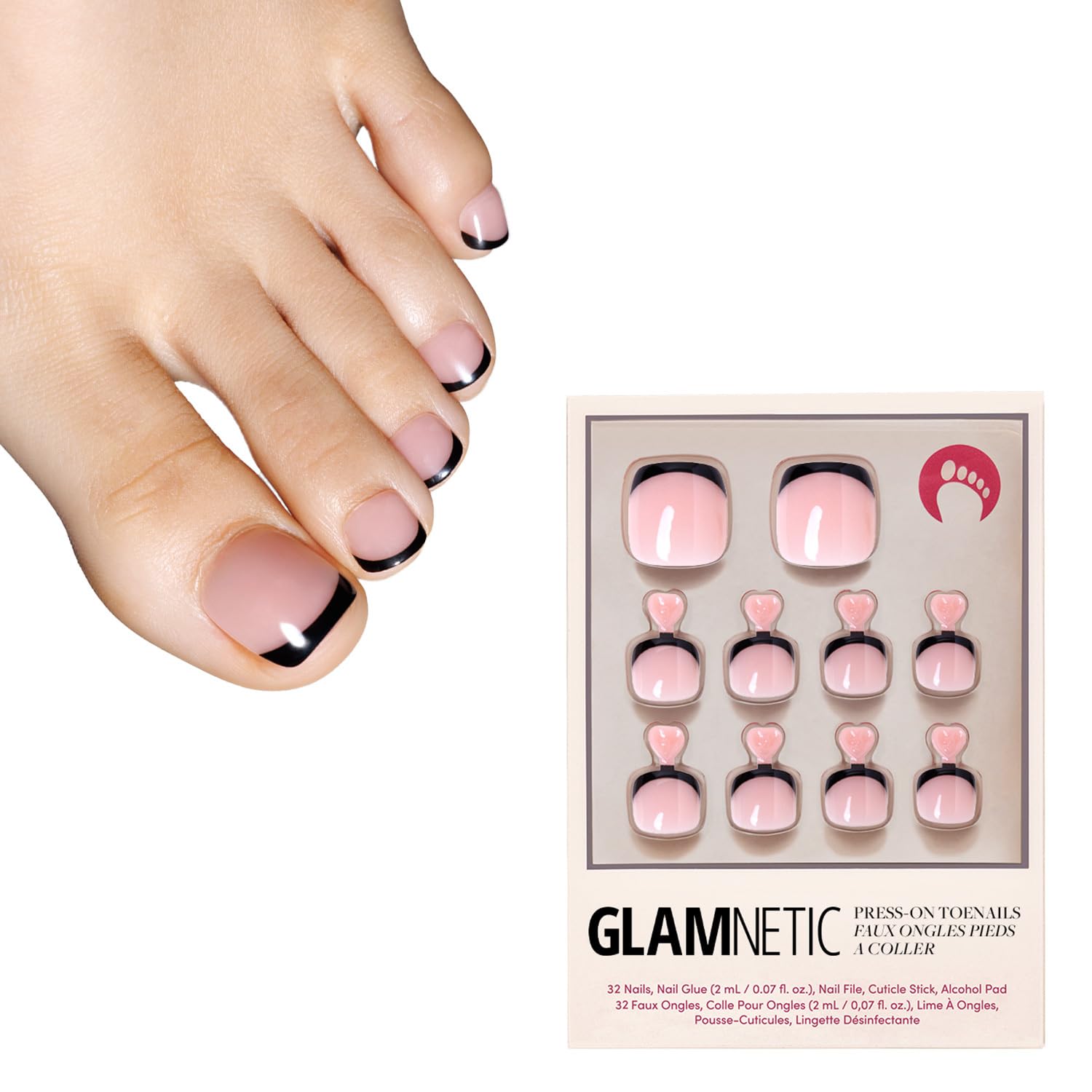 Glamnetic Press On Toenails - Caviar | Classic Black French Tip Fake Toe Nails with a Glossy Finish | 16 Sizes - 32 Toe Nail Kit with Glue
