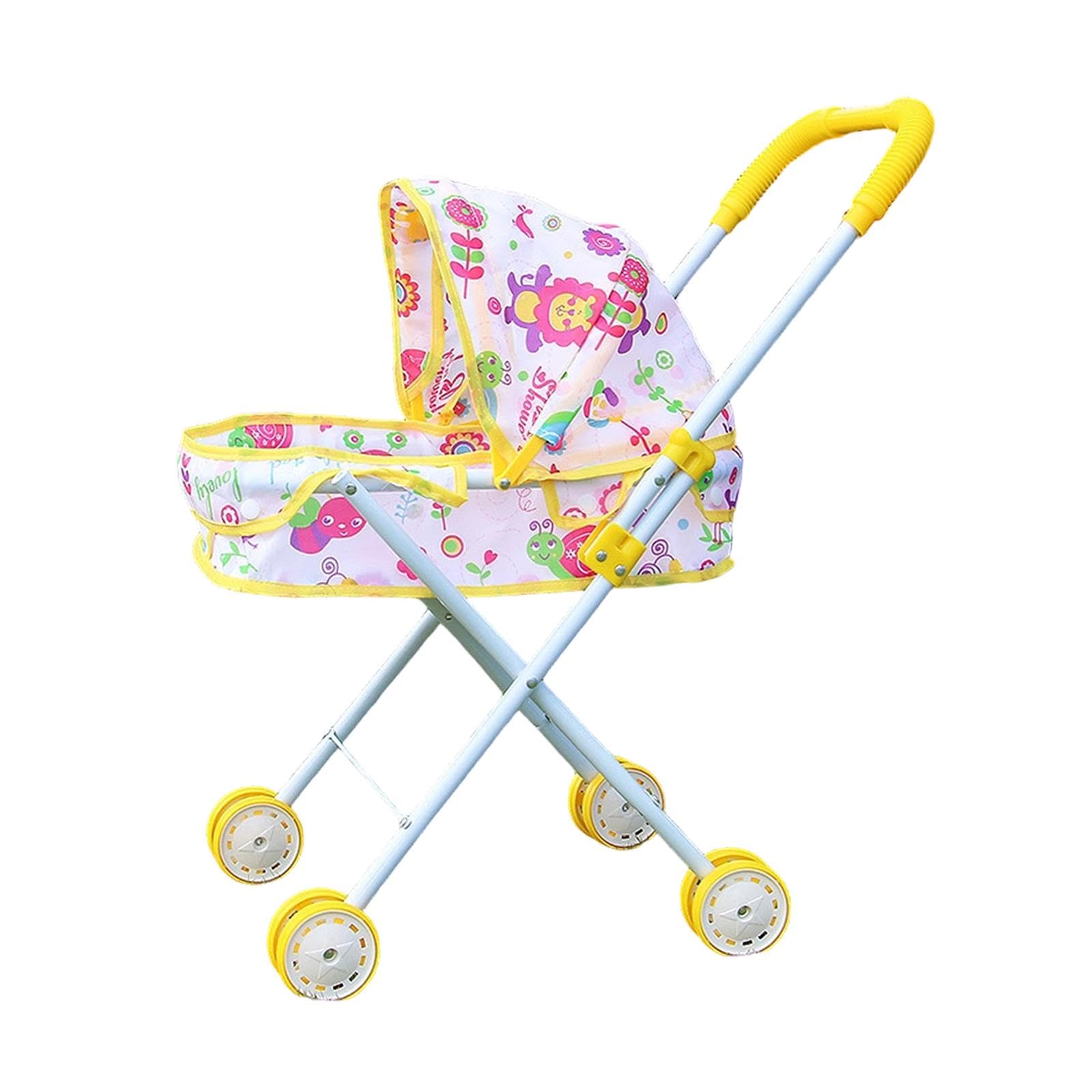 Puppenwagen Faltbarer Kinderwagen Puppenbuggy Rollenspiel Spielzeug Aus Eisen Und Pp mit Stabiler Unterstützung für Geschenk Lernspiel Dekoration Kind, Gelb