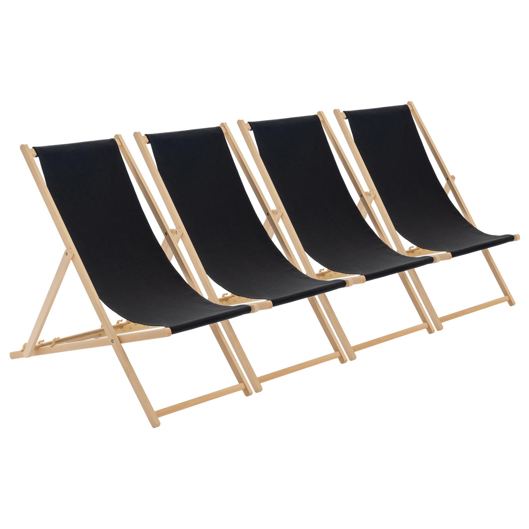 Harbour Housewares Folding Wooden Deck Chairs – Black – Pack of 4 – Adults Traditional Foldable Reclining Outdoor Canvas Sun Lounger Chair Seat for Garden Patio, Beach, Camping