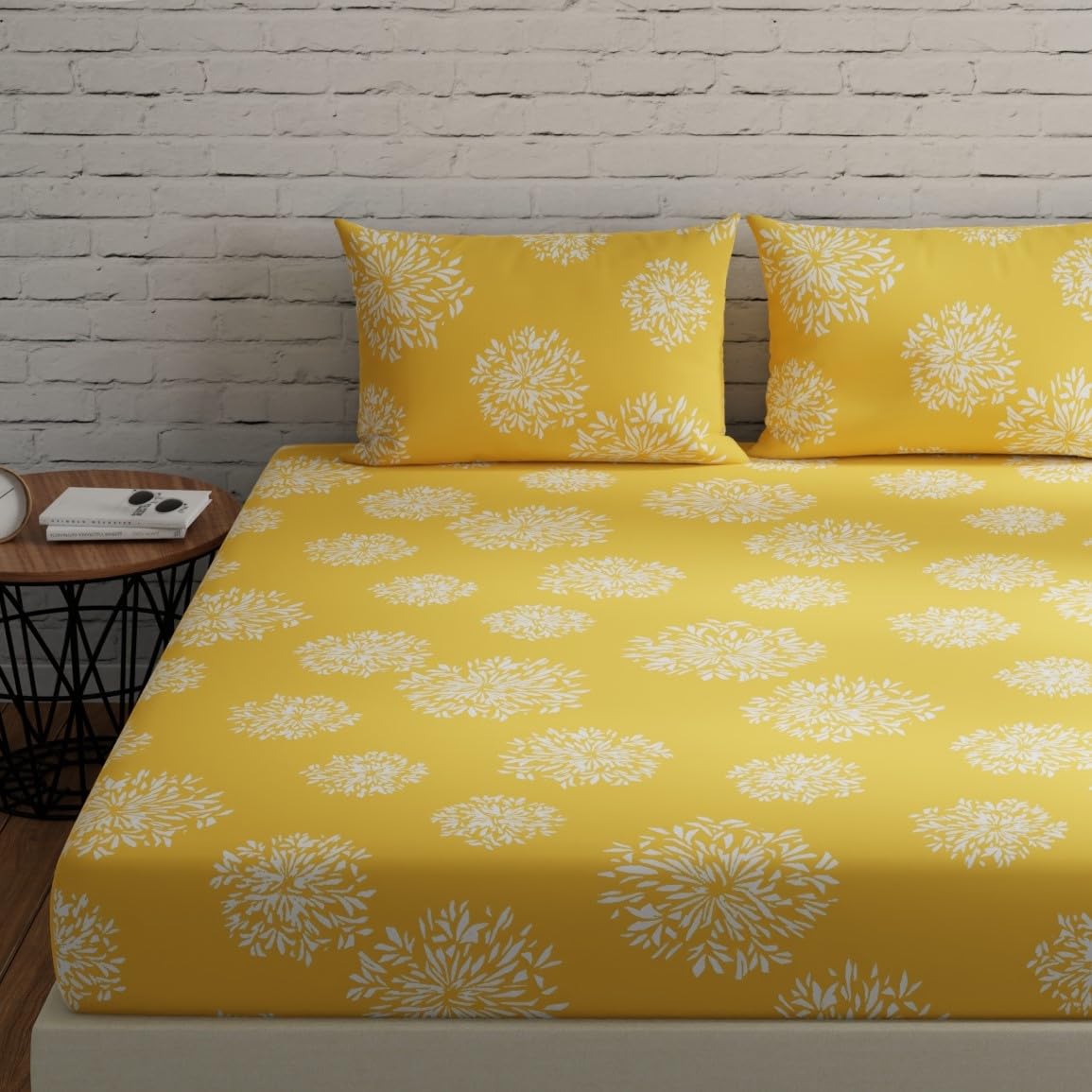 Huesland by Ahmedabad Cotton 144 TC Fitted Bedsheets Queen Size Cotton for Double Bed with 2 Pillow Covers | 60 x 78 inches | Yellow
