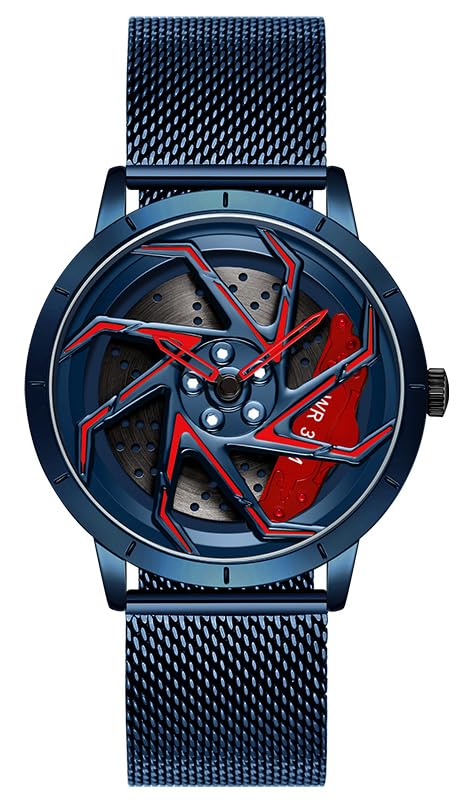 Image of FANMIS Men's Racing Car Wheel Watch 3D Spinning Dial Stainless Steel Watch | Creative 3D Spinning Car Quartz Large Skeleton Face and 30M Water Resistance Designed for Car Fans and Daily Wear.