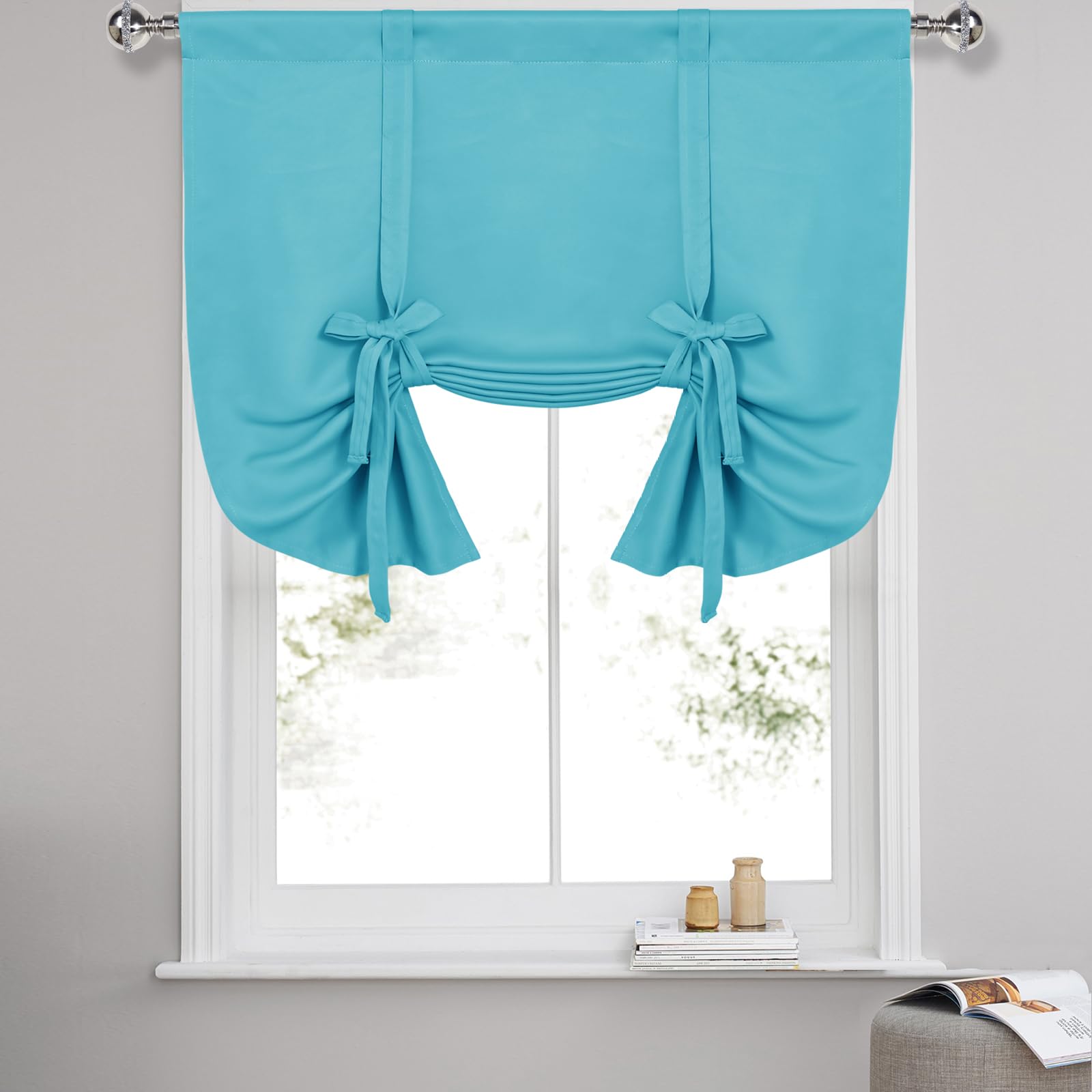 DWCN Tie Up Curtain-Thermal Insulated Room Darkening Balloon Window Shades Blackout Curtains for Kitchen, Bedroom and Bath Room, Turquoise, W42 X L45
