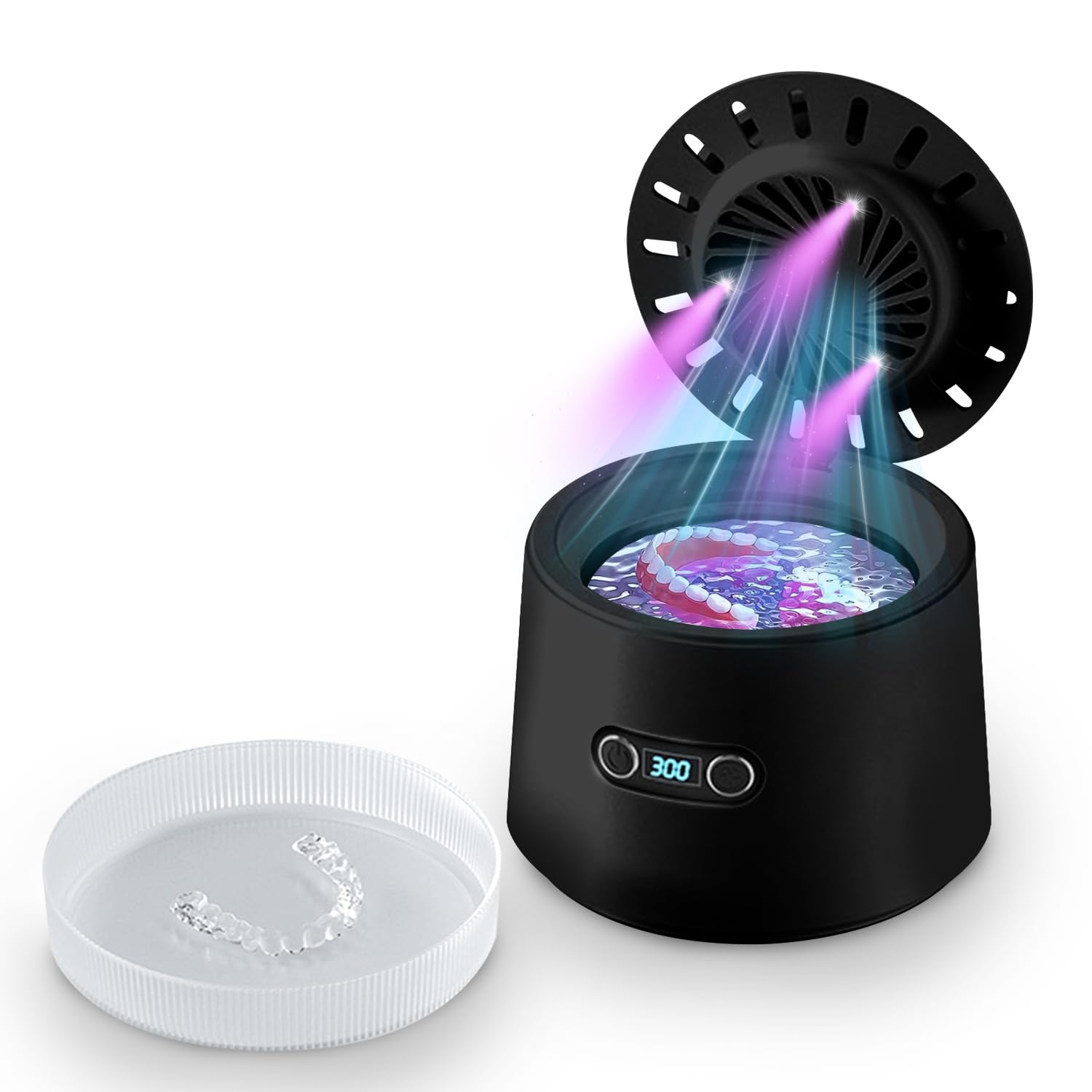 Pulitore Ultrasuoni， 48000Hz Pulitore Gioielli Ultrasuoni， Lampada UV Lavatrice Ultrasuoni per Apparecchio Denti Protesi Dentali Retainer Anelli Collane (nero)