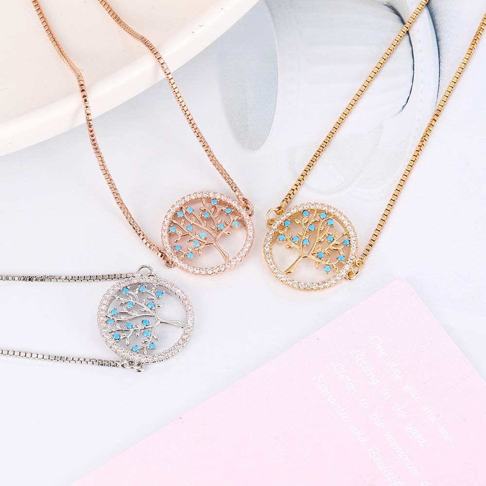 Bracciale albero della vita per donna, cinturino regolabile da polso in catena di rame placcato in oro rosa e argento con zirconi cubici brillanti, regalo per amici, mamma