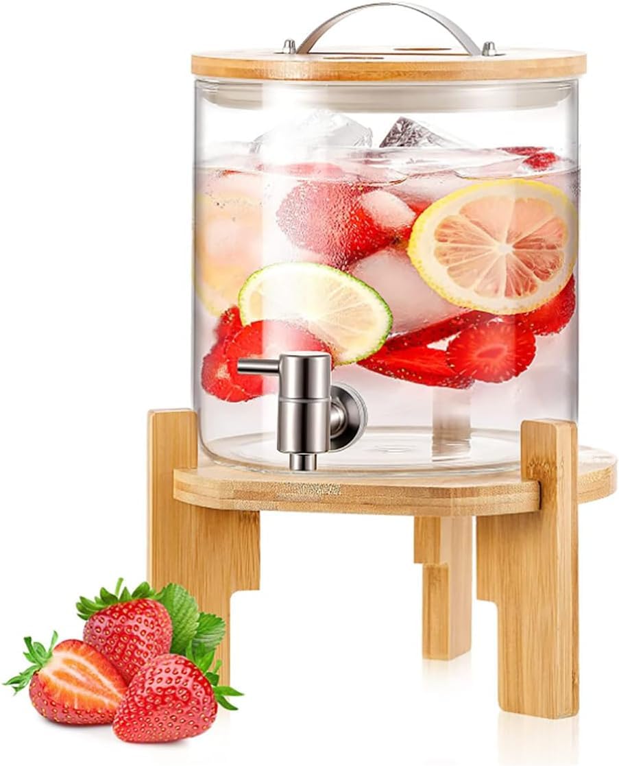 Glass Drinks Dispenser, 5L/8L/10L Drink Jar with Stainless Steel Tap and Wooden Stand, Easy Filling Wide Mouth, for Hot or Cold Beverages, Punch, Ice Water for Parties 5L
