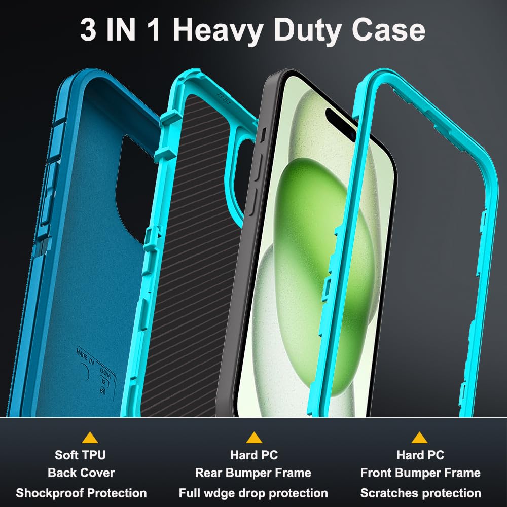 Funda para iPhone 15 Plus con 2 protectores de pantalla de vidrio templado y 1 protector de lente de cámara, grado militar, 3 en 1, resistente, a prueba de golpes, caídas y polvo (azul