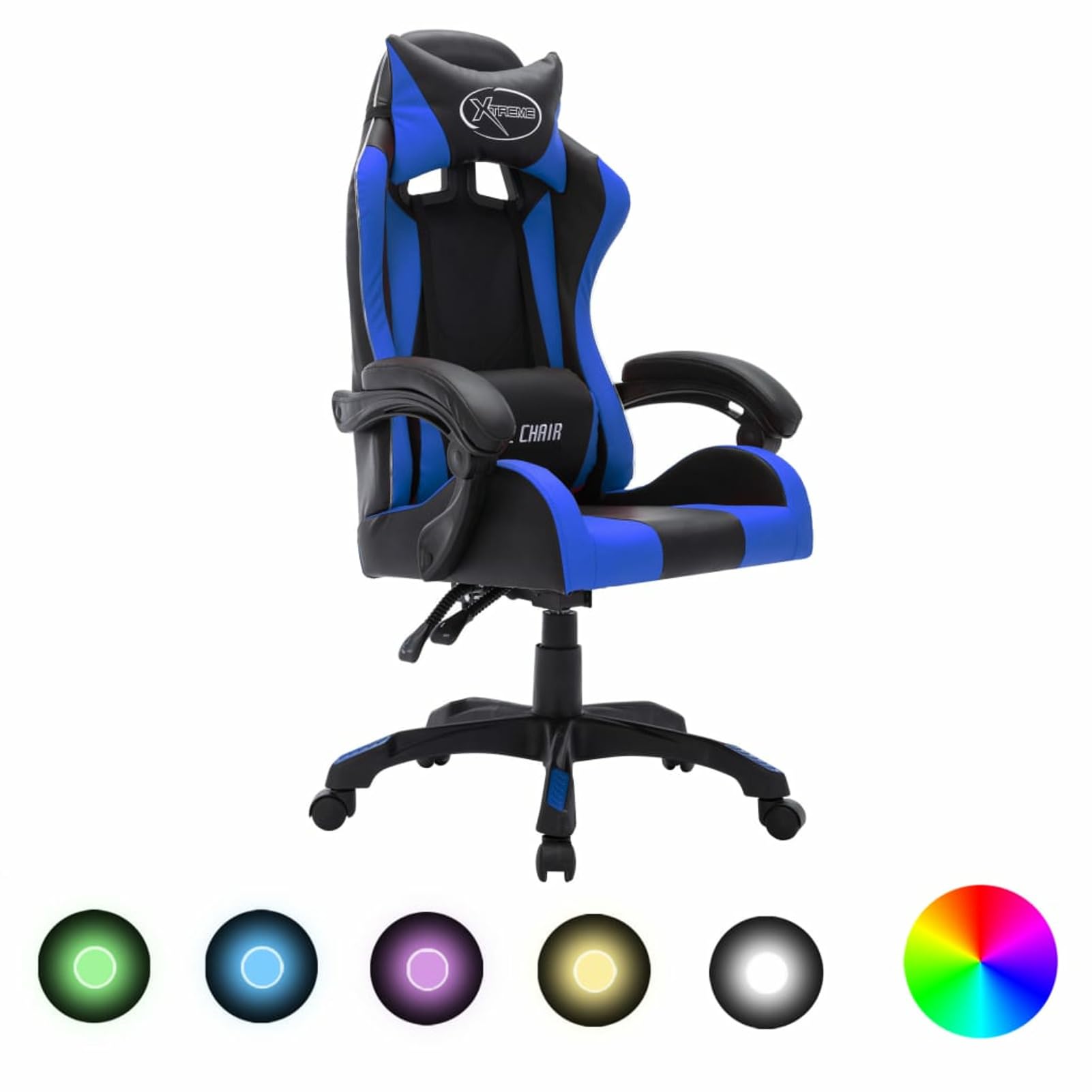Rantry Silla de gaming con luces LED RGB azul y negra de piel sintética, muebles para casa, interior, exterior, salón, dormitorio