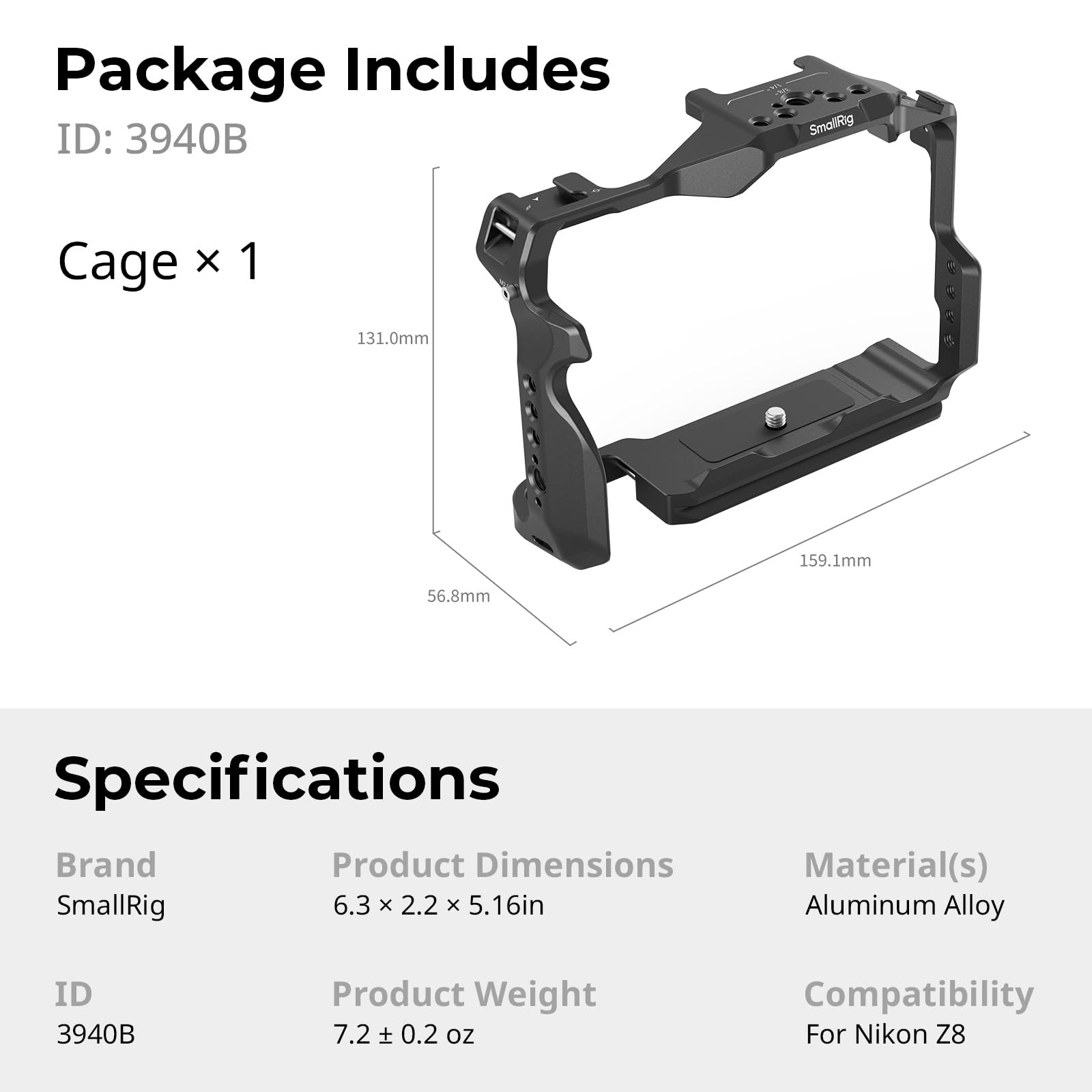 SMALLRIG Klatka Z8 dla Nikon Z 8, Konstrukcja Zapobiegająca Skręcaniu, Pełna Klatka ze Stopu Aluminium Video Vlog, z Płytką Szybkiego Uwalniania dla Arca-Swiss, do Fotografii Krajobrazowej - 3940