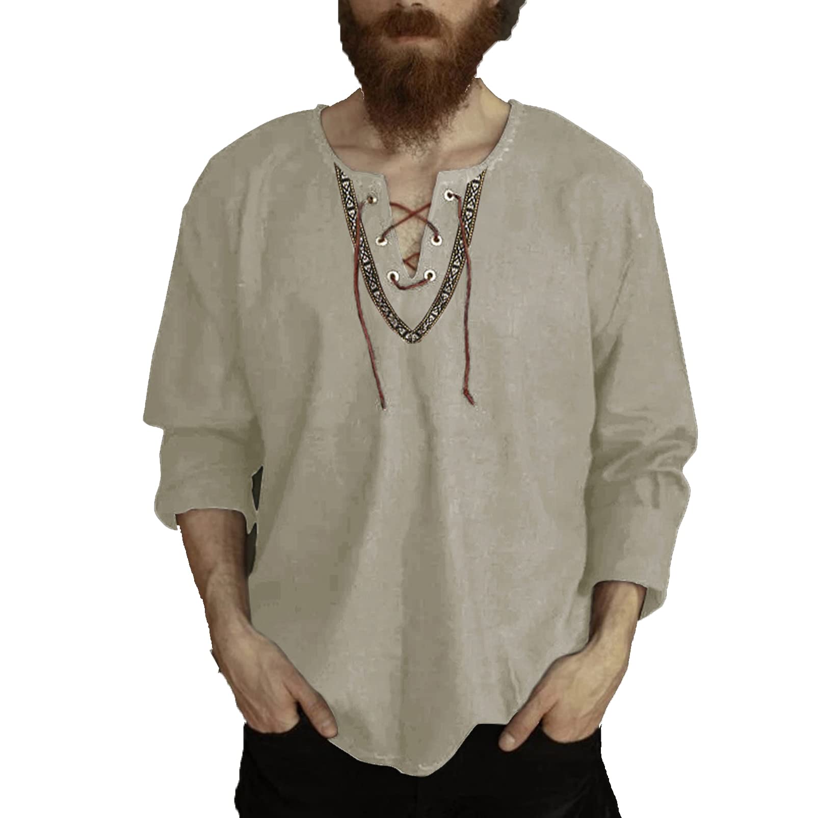 CrownsneyMens Linen Shirts Lace Up Casual Beach Hippie Tee Shirts Long-Sleeves Shirt V Neck