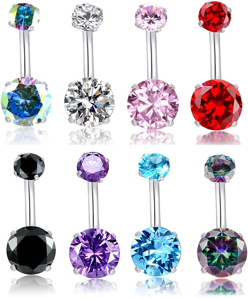 14G Belly Button Rings Surgical Stainless Steel Round Cubic Zirconia Navel Barbell Stud Body Piercing