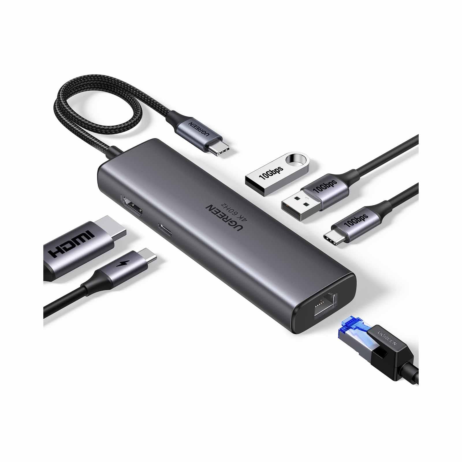 Ugreen Hub USB-C 6 em 1, HDMI 4K a 60Hz, 2X USB-A 10Gbps, LAN