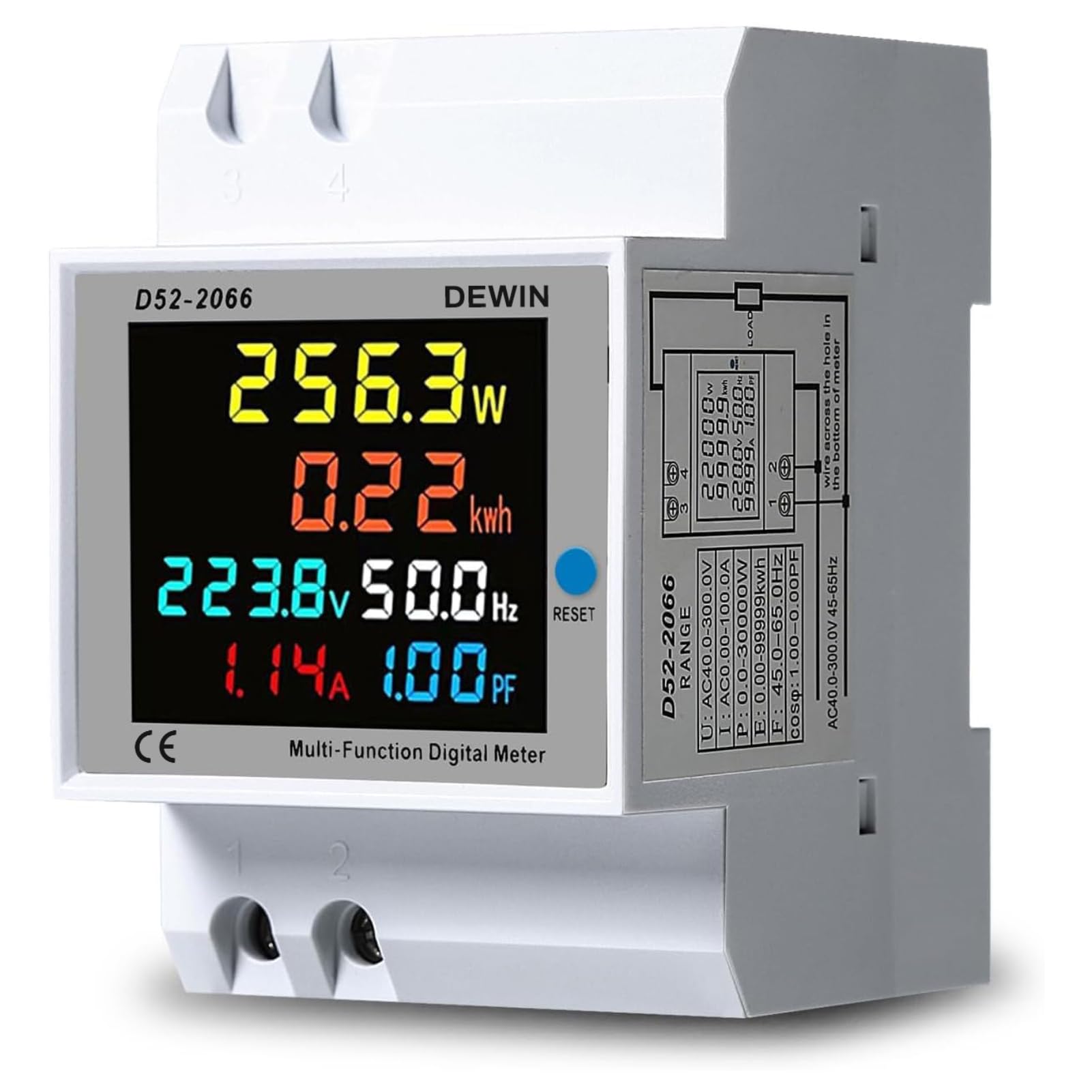 DEWIN Digital Electricity Meter, Single Phase Energy Meter Current Voltage Power KWH Meter 6 in 1 AC 40-300V SDM009 Digital Energy Meter with LCD Display