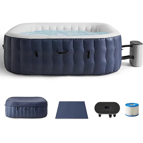 78'' Large Square Inflatable Hot Tub for 6 Adults - 300 Gallon 1350W Portable Outdoor Spa with 105 Air Jets, Energy-Efficient Cover, Up to 104°F Heating for Year-Round Relaxation