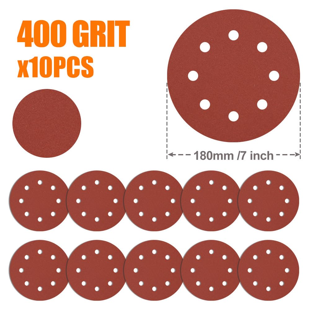 Discos lijadores orbitales con gancho y bucle, Disco de lijado 180 mm, 8 agujeros, gancho y bucle, óxido aluminio, madera, metal, 10 unidades, grano surtido(10pcs P400)